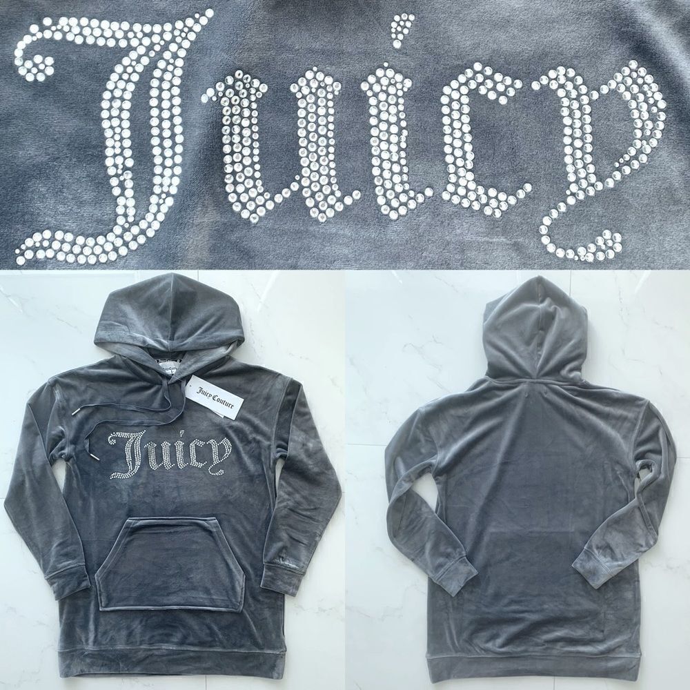 🩶 JUICY COUTURE *Long* Oversized Luxe Velour Stretch Hoodie Rhinestone Logo XS